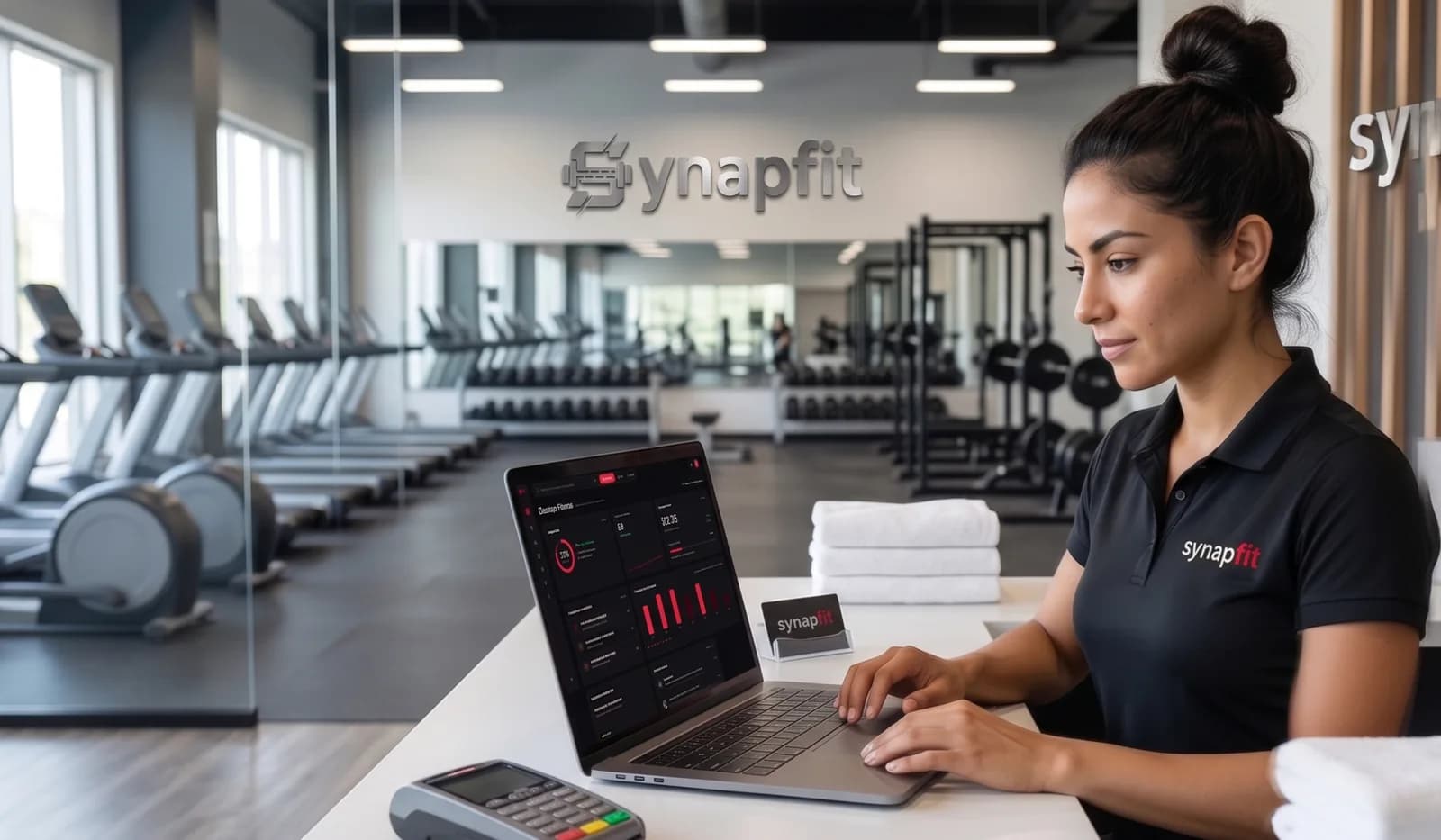 Recepcionista usando el panel de Synapfit en un gimnasio